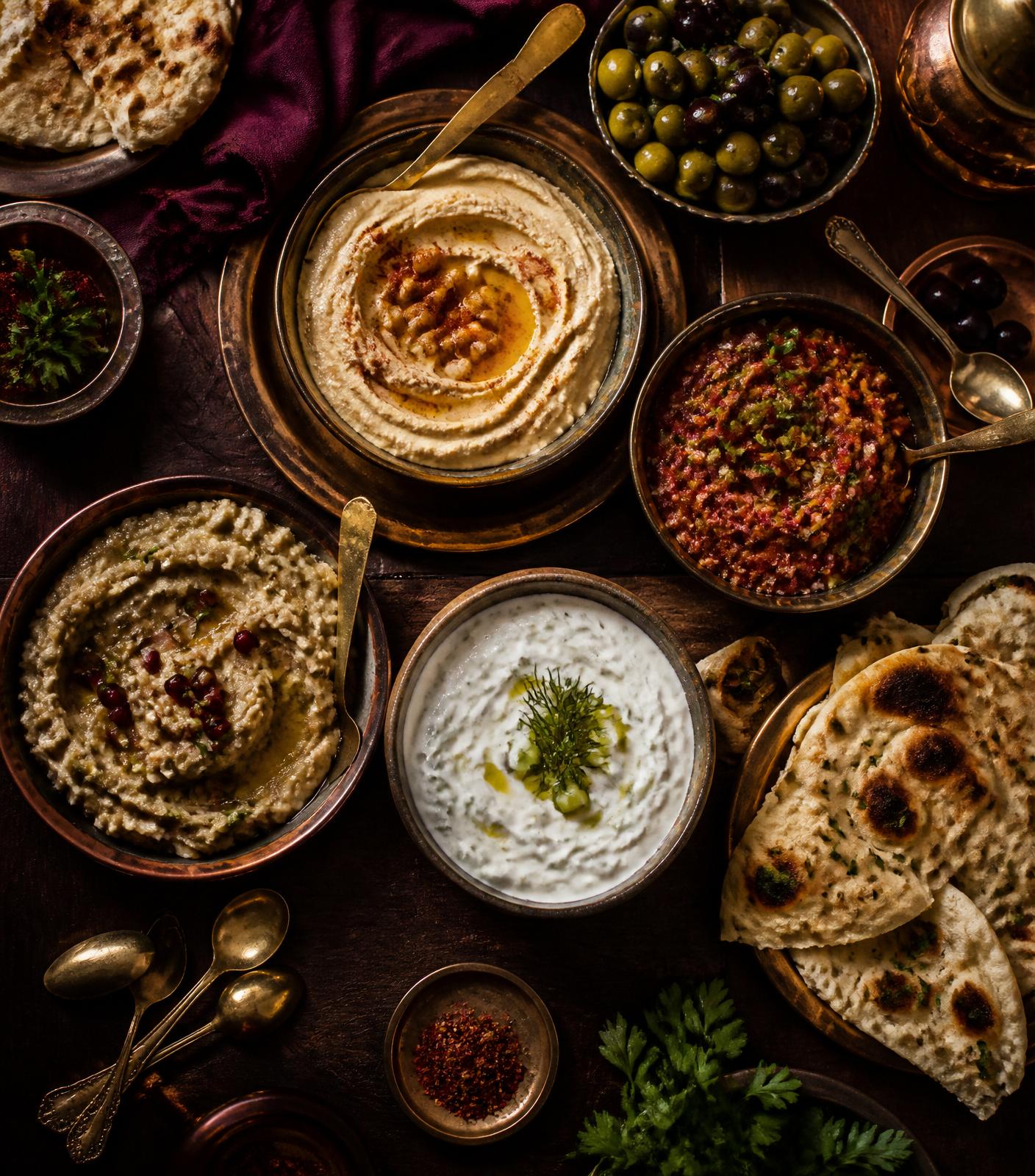 Meze and warm Turkish bread on the table